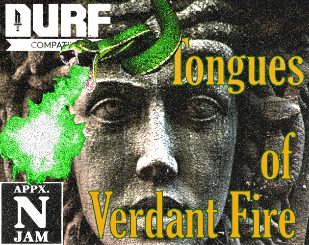 A green snakes breathes green fire in the foreground of a medusa statue.