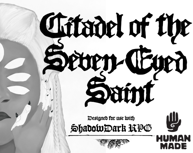 The cover displays the right half of the Seven-Eyed Saint's face. She is feminine, with three and a half eyes visible on the side of her face. Her hair is braided and there are candles covering her fingers.